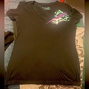 FOX- black tshirt with paint splattered graphics on front & back..size Medium